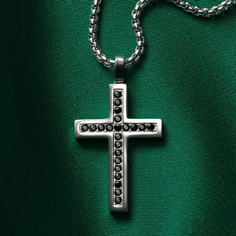 Mens Stainless Steel Black Stone Cross Necklace